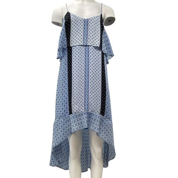 Kaari Blue Printed Asymmetrical Sun Dress Blue Petite Large Adj Strap Lined - Picture 1 of 8